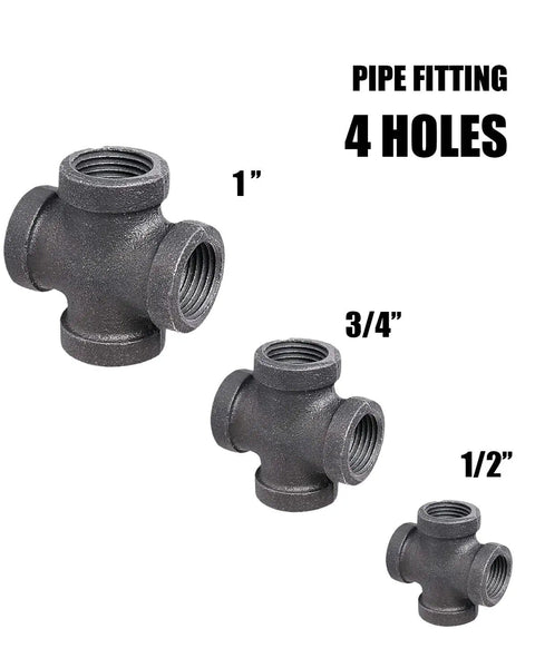 Black 4 Way Cross Pipe Fitting Connector For Furniture And Decor, Malleable Iron With Threaded Holes, 1/2 Inch and other sizes shown