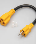 Outdoor 12 Inch 15 Amp To 20 Amp T Blade Extension Cable Waterproof 12AWG SJTW Four In One NEMA power cord, yellow, shown on white background.