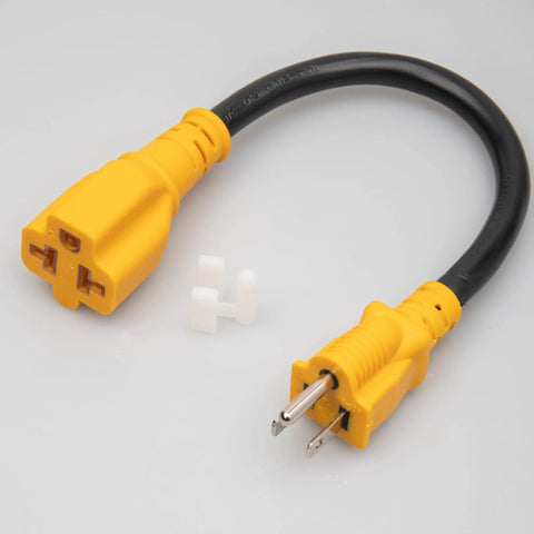 Outdoor 12 Inch 15 Amp To 20 Amp T Blade Extension Cable Waterproof 12AWG SJTW Four In One NEMA power cord, yellow, shown on white background.