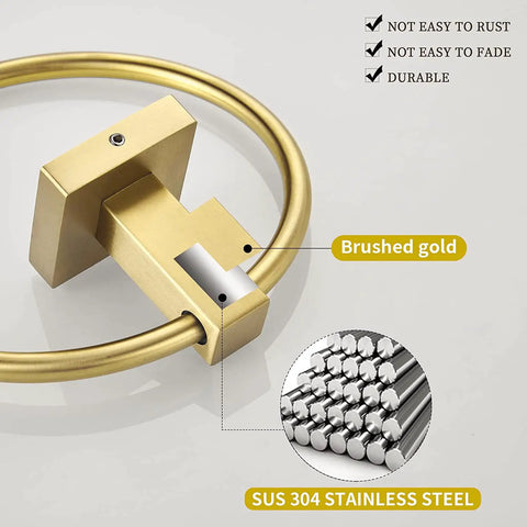 Close-up of gold toilet paper holder showing brushed brass finish and SUS304 stainless steel construction, wall mounted.