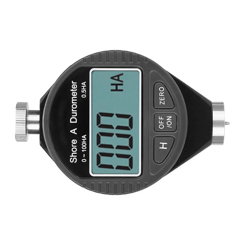 Zero Fluff Digital Shore A Durometer Hardness Tester With Clear LCD Screen For Testing Rubber Tires Silicone And Plastic Firmness showing digital readout.
