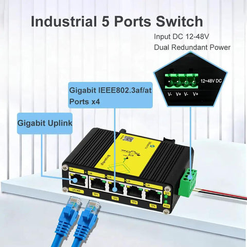 Rugged Industrial Five Port Gigabit Switch With DC 12 To 48V Input Din Rail And Wall Mount IP40 Protection, shown with ports and cables