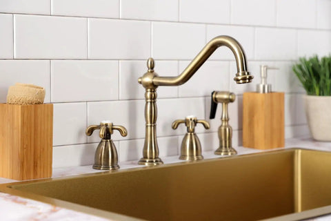 French Country Widespread Kitchen Faucet With Brass Sprayer In Oil Rubbed Bronze 8-1/4 Inch Spout Reach Solid Brass Construction Washerless Cartridge Deck Mount Four Hole Install 1.8 GPM 60 PSI in kitchen setup