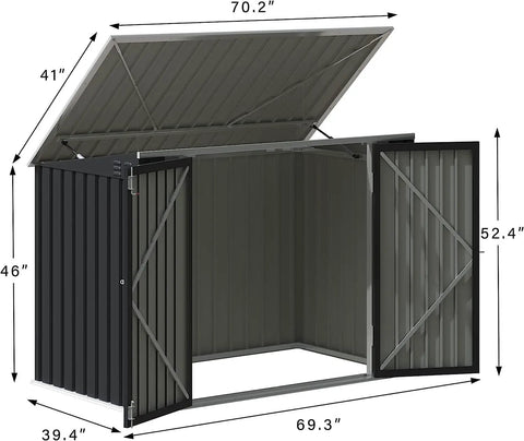 Outdoor Metal Storage Shed 5.8 x 3.3 Ft Weatherproof Lockable Yard Storage with open lid and doors, showing reinforced steel frame.