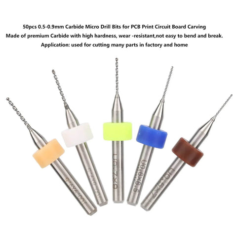 Carbide Micro Drill Bits Kit for PCB Drilling 0.5mm to 0.9mm Spiral Flute Engraving Tools 50-piece set with color-coded rings