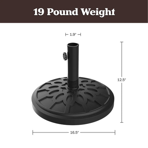 Heavy Duty 19 Pound Outdoor Umbrella Base Stand For Patio Tables And Tilt Freestanding Umbrellas, dimensions shown