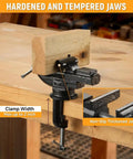 2-Inch Universal Table Vise With 360 Degree Swivel Base, Must-Have Portable Clamp-On Workbench Vice With Built-In Anvil For Hobbyist Jewelry Making, Electronics, Woodworking, And Precision DIY Projects clamping wood on a bench, hardened jaws