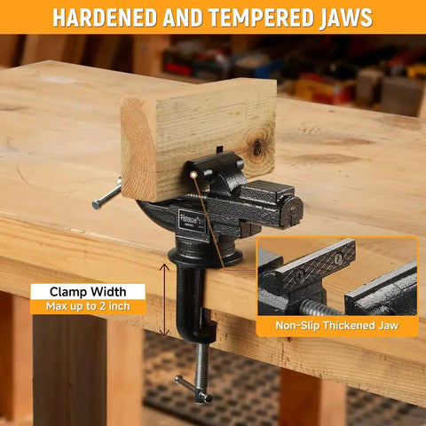 2-Inch Universal Table Vise With 360 Degree Swivel Base, Must-Have Portable Clamp-On Workbench Vice With Built-In Anvil For Hobbyist Jewelry Making, Electronics, Woodworking, And Precision DIY Projects clamping wood on a bench, hardened jaws