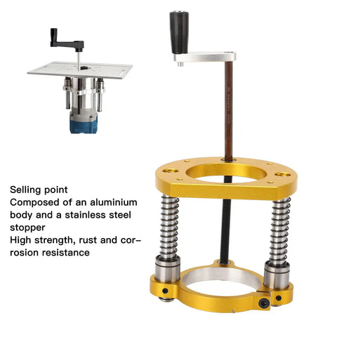 Heavy Duty Aluminum Router Table Lift System With Precision Handle Hassle Free Height Tuning For Woodworking Crews Fits 64 To 66 Millimeter Motors close-up view of lift mechanism and crank handle.
