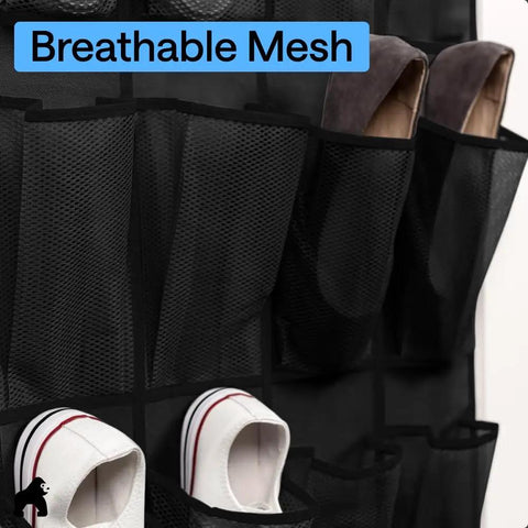 Heavy Duty Over The Door Shoe Organizer With 24 Roomy Pockets, breathable mesh pockets displaying various footwear.