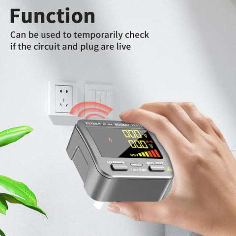 Hand using Outlet Tester With GFCI And NCV Non Contact Voltage Detection for North American outlets near a wall socket