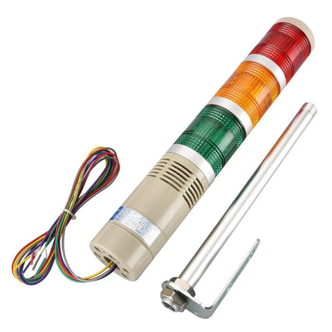 Industrial Signal Light Tower Stack Light LTA 502TJ 24VDC Continuous Light With Built In Buzzer showing red, green, yellow LED lights