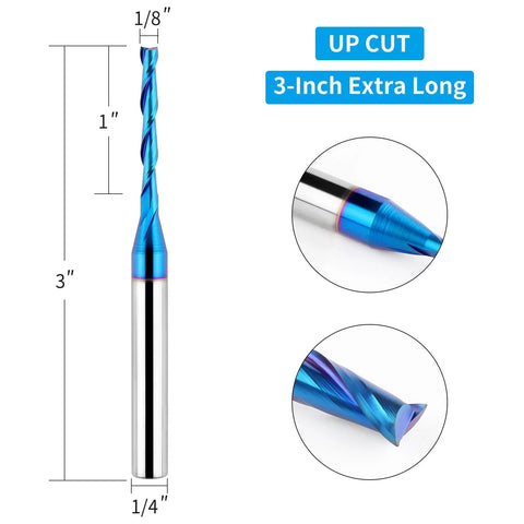 Amazon EANOSIC upcut spiral router bit, 1/4 in shank, 1/8 in cutting diameter, 3 in length, blue-coated solid carbide