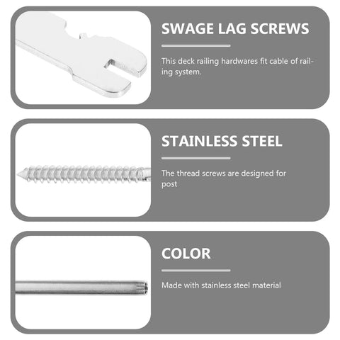 Thirteen Piece Stainless Steel Crimp Lag Screws Set With Spanner For Left And Right Handed Deck Cable Railing And Outdoor Heavy Duty Wood Fixing Perfect For Fences Decks Pergolas And Outdoor Structures, shown with spanner and screws close-up.