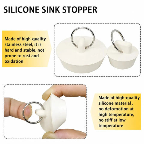 Six Slick Rubber Sink Drain Plug With Quick Pull Grip Ring Brings Six Breezy Universal Sizes To Fit Kitchen Bathroom Bathtub Laundry Sink And Pool Maintenance No Sweat In Sharp White Tone, showcasing two rubber stoppers.