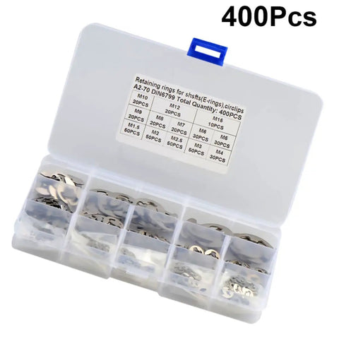 Heavy Duty Premium Stainless Steel Retaining Ring Kit 400 Pc E Shape Snap Rings Set M1.5 To M15 shown in plastic case
