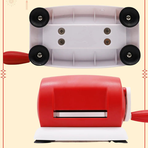 Bottom and side view of red Manual Die Cutting and Embossing Machine for DIY Projects, Go-To Portable Hand Cutter for Cards, Scrapbooking.