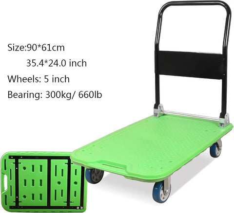 Heavy-Duty 4-Wheel Cart With Rolling Platform Trolley, Metal And Plastic Deck, designed to move heavy loads, durable black handle