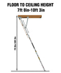 Ten Foot Aluminum Attic Ladder With Pull Down System Retractable Loft Stairs Foldable Loft For Rough Opening Twenty Two And A Half Inch By Fifty Four Inch Fits Seven Point Six To Ten Point Two Five Foot Ceilings Holds 350 Pounds installed, 7ft 8in-10ft 3in