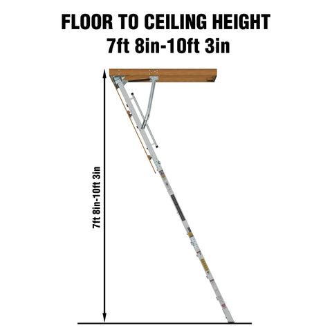 Ten Foot Aluminum Attic Ladder With Pull Down System Retractable Loft Stairs Foldable Loft For Rough Opening Twenty Two And A Half Inch By Fifty Four Inch Fits Seven Point Six To Ten Point Two Five Foot Ceilings Holds 350 Pounds installed, 7ft 8in-10ft 3in