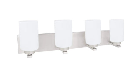 Four-Light Metal Bathroom Vanity Wall Light Fixture, 30 Inch Wide Satin Nickel With Opal Glass Shades, Transitional Style