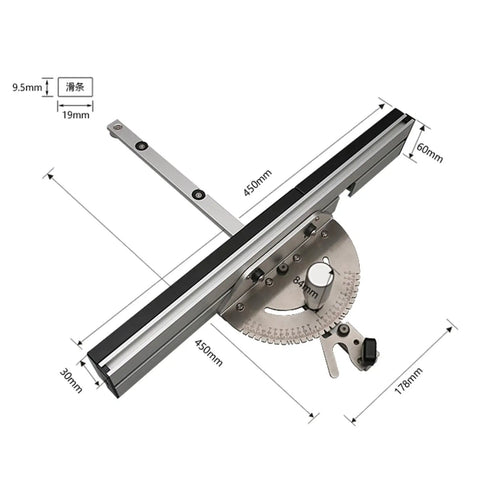 Precision Miter Gauge With Flip Stop Fence And Sixty Degree Angles Router Table Saw Accessory showing measurements and features.