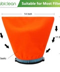 Orange reusable vacuum filter cover shown on a filter, 14x11.5 inches, fits 8-9 inch tall for Reusable Vacuum Filter Cover For Wet Dry Vacuums, 4 Pack, Elastic Pre Filter Shield, Tough Dust Bustin Shield, Fits 8 To 9 Inch Tall And 6 To 8 Inch Diameter Filters, Compatible With VF4000 VF5000 DXVC6912 9 17816, Orange.