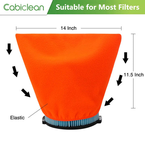 Orange reusable vacuum filter cover shown on a filter, 14x11.5 inches, fits 8-9 inch tall for Reusable Vacuum Filter Cover For Wet Dry Vacuums, 4 Pack, Elastic Pre Filter Shield, Tough Dust Bustin Shield, Fits 8 To 9 Inch Tall And 6 To 8 Inch Diameter Filters, Compatible With VF4000 VF5000 DXVC6912 9 17816, Orange.