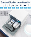 Compact Countertop Dishwasher Packed With Six Quick Wash Cycles And Blast Hot Dry Tech loaded with clean dishes and cutlery.