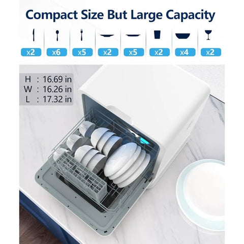 Real Deal Countertop Dishwasher With Six Honest Wash Cycles And Sizzling Hot Dry showing compact size and large capacity with dishes inside.