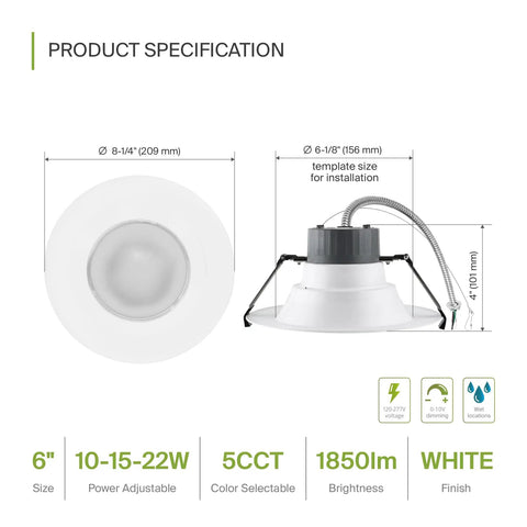 6 Inch Canless LED Downlight With Power Adjustable 10, 15, And 22 Watts Round Dimmable Recessed Light Fixture diagram
