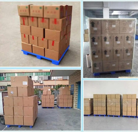 Blue Plastic Pallet Pair Mesh Nine Leg Design Forklift Ready Heavy Duty Storage Platform Moisture Resistant Polyethylene stacked with boxes