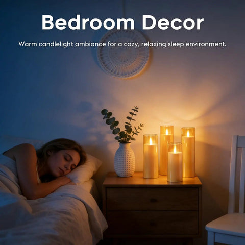 Amber LED Flameless Pillar Candles With Remote Timer 5 Pack creating cozy ambiance on bedroom nightstand