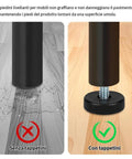 Rock Solid 12 Pack Adjustable Furniture Leveling Feet With 5/16-18 Inch Threads showing floor protection vs. damage comparison.