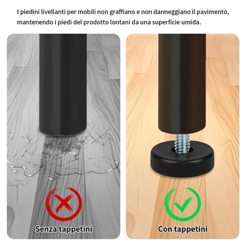 Rock Solid 12 Pack Adjustable Furniture Leveling Feet With 5/16-18 Inch Threads showing floor protection vs. damage comparison.