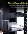 Set Of Two 19 Inch 1U Vented Rack Shelves For Server Cabinets And Network Racks With Perforated Steel Build supports various devices.