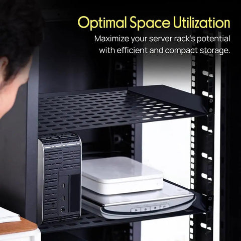 Set Of Two 19 Inch 1U Vented Rack Shelves For Server Cabinets And Network Racks With Perforated Steel Build supports various devices.