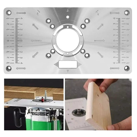 Heavy Duty Aluminum Router Table Insert Plate With Hella Precise Depth Marks and Four Caliber Sizes for Dead Straight Woodworking Trimming.
