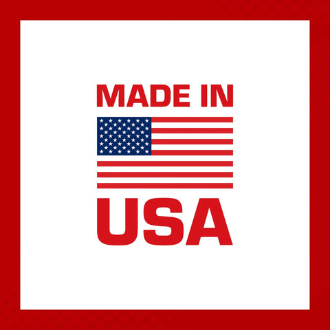 Made in USA label featuring the American flag on a white background with red border.