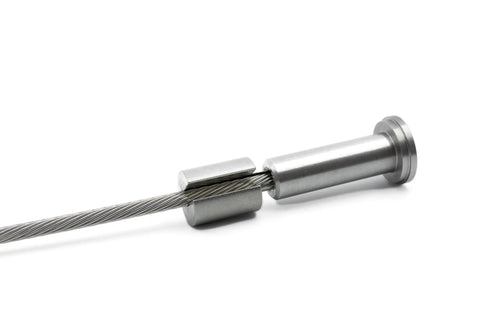 Close-up of stainless steel 1/8 inch SwiftCatch cable and fitting, part of Release Tool For 1/8 Inch SwiftCatch Cable Railing Fittings And 1/8 Inch Cable Kits