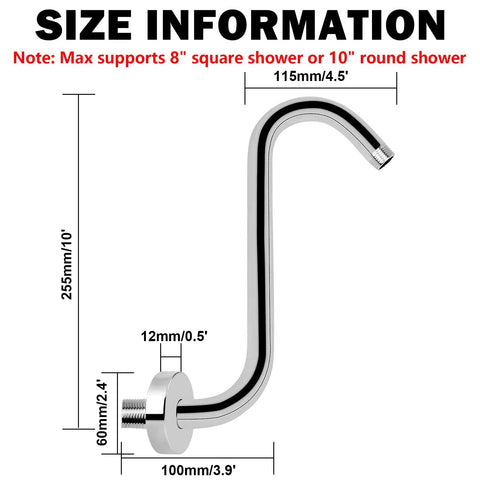 S Shaped Shower Arm Riser Extender With Flange For One Half Inch Connection Ten Inch Chrome Bathroom Accessory with dimensions shown