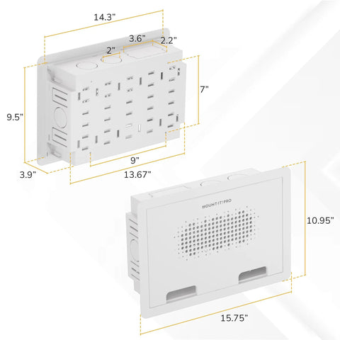 Recessed In Wall TV Media Box With Ventilated Cooling To Hide Streaming Boxes And Routers For A Straight Fire Media Setup Supporting Up To 22 Lbs For A Clean Cable Tangle Free Install, dimensions shown.
