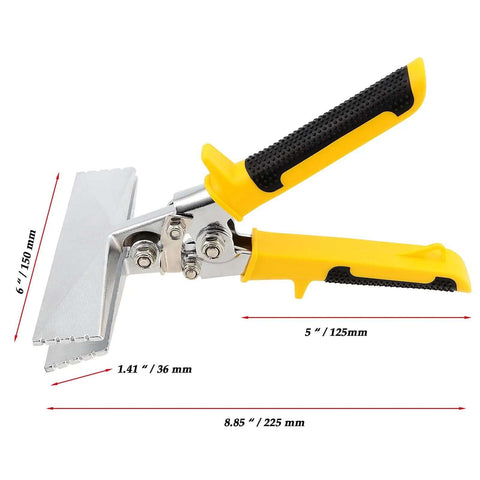 Close-up of 6 Inch Sheet Metal Hand Seamer with straight jaws, anti-slip handles, and precision notches for bending metal sheets.