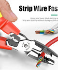 1000V Insulated Multifunction Pliers With Wire Cutter Stripper And Crimper in use, stripping red coated wire, close-up view