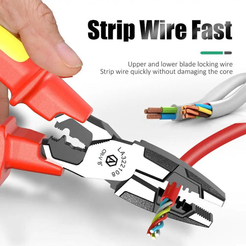 1000V Insulated Multifunction Pliers With Wire Cutter Stripper And Crimper in use, stripping red coated wire, close-up view