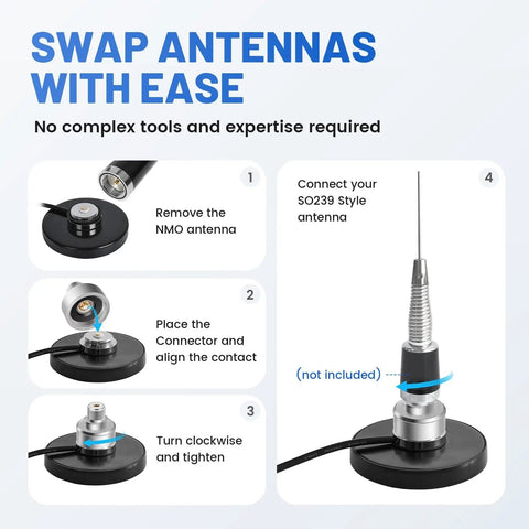 NMO To SO239 Adapter For Your Vehicle Antenna Rig Heavy Duty PL259 Coax Connector Mount with step-by-step assembly guide.