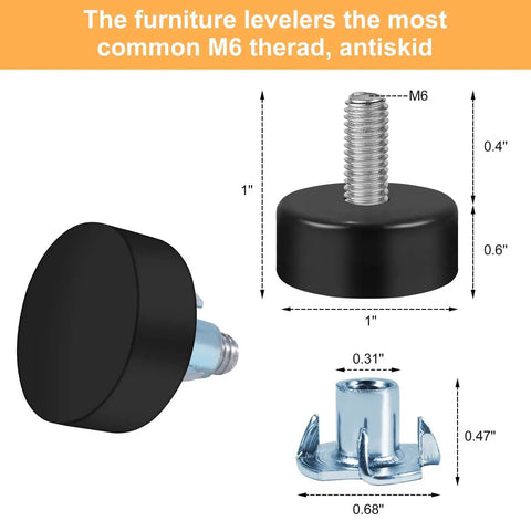 Diagram showing dimensions of M6 Thread Furniture Feet Levelers 8 Pieces Anti Slip Adjustable Leveling Feet Screws for tables and chairs.