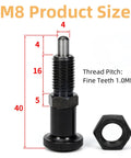 M8 product size diagram featuring Premium Hardcore Stainless Steel Spring Indexing Plunger with fine teeth and nut.