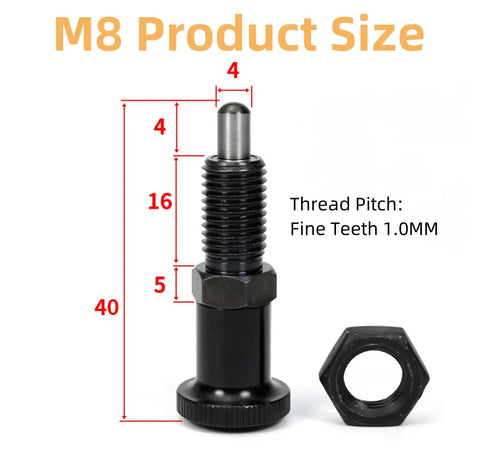 M8 product size diagram featuring Premium Hardcore Stainless Steel Spring Indexing Plunger with fine teeth and nut.