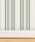 Farmhouse Matte Wallpaper Dope Linen Texture Hella Durable PVC Free Wall Covering in green and blue striped pattern.